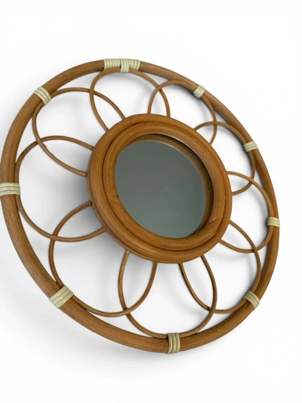 Vintage 1970s Vietnam Rattan Flower Wall Mirrors Set of 3 Boho Coastal Decor